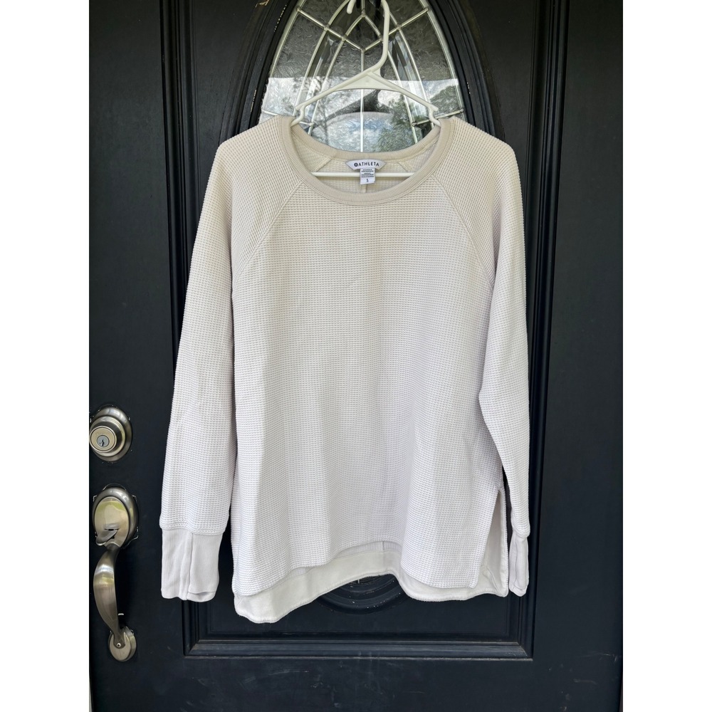 Athleta Cream‎ Waffle Knit Thermal Sweatshirt Thumbholes Size L Raglan Top